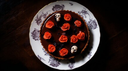 Baking a Halloween Chocolate Tart with Orange Roses and Skulls