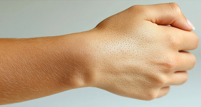 A close-up view of a human hand in a fist position, showcasing skin texture, pores and tone against a neutral background.