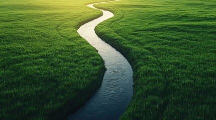 A serene landscape featuring a winding river flowing through lush green fields, perfect for nature-related projects, environmental themes, or relaxation imagery
