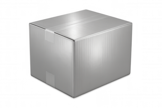 Metallic cardboard shipping container, sealed with packing tape, resting against transparent backdrop, representing logistics packaging