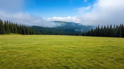 Obraz premium A serene landscape featuring rolling hills, dense forests, and a clear sky, ideal for nature-themed projects, travel articles, or wellness promotions, This image captures the essence of tranquility,