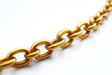 Obraz premium A close-up view of a shiny golden chain, showcasing its intricate links and smooth texture against a plain white background.