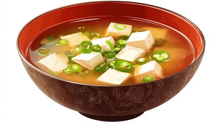 A bowl of miso soup, featuring tofu cubes and green onions