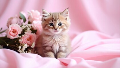 A Charming Kitten with Pink Roses on a Soft Pink Background, Pure Sweetness
