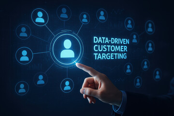 Data driven customer targeting concept with hand pointing at digital user icon representing customer acquisition and business strategy in digital marketing