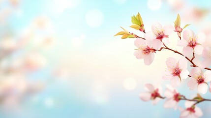 Fototapeta premium Delicate pink cherry blossoms contrast against a soft blue background, creating a serene and tranquil atmosphere perfect for spring-themed projects, greeting cards, or wellness promotions,