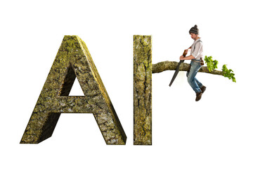 AI risk concept with person sawing off the branch he is sitting on isolated from background