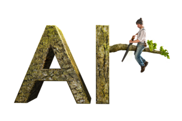 AI risk concept with person sawing off the branch he is sitting on isolated from background