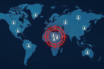 Customer targeting digital marketing business strategy customer acquisition global map with user icons and red target focus on Africa for customer targeting and business strategy