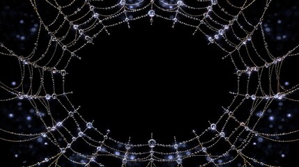 A glistening spider web, highlighted against a dark background, captures sparkling, luminous droplets