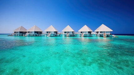 Serene overwater bungalows surrounded by crystal-clear turquoise waters under a bright blue sky, perfect for vacation brochures, travel websites, or relaxation-themed content,
