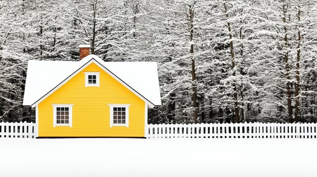 A charming yellow house stands out against a serene winter landscape, surrounded by snow-covered trees, This image can be used for themes of coziness, winter holidays, home, or real estate,