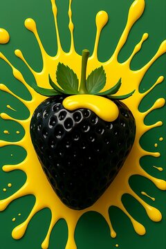 Naklejki A single black strawberry is covered in bright yellow liquid splashing outwards against a dark green background