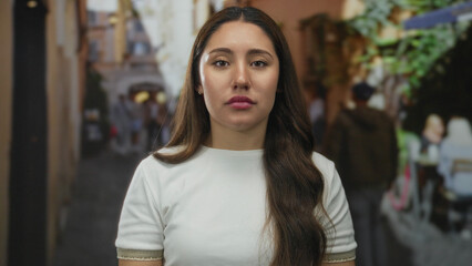 Young woman face looks forward on narrow soft sunlit street lined with cafes and stone facades;...