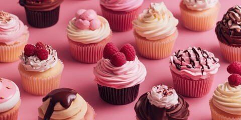 The delightful assortment of colorful cupcakes on a pink background.