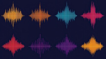 Naklejka premium Colorful audio waveforms are displayed in an abstract layout against a dark background, perfect for music, sound design, or technology-related projects