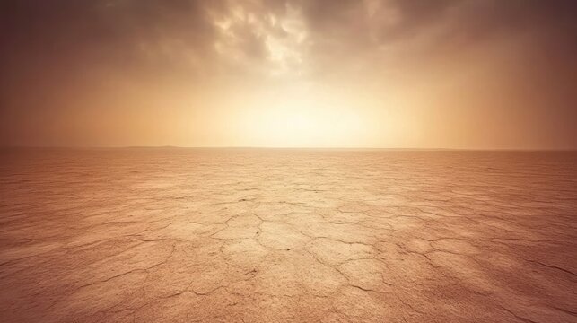 Surreal desert landscape with cracked earth and dramatic sky conveying emptiness and desolation