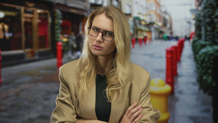 Woman with blonde hair and glasses stands on a city street crossing her arms while appearing...