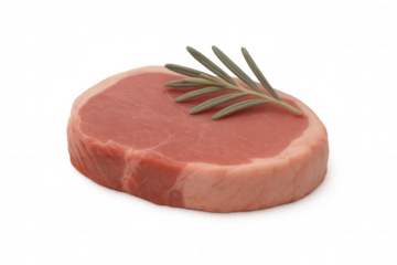 Marinated raw beef steak with rosemary sprigs, positioned on clean background, ready for gourmet preparation and cooking process