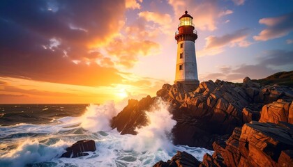 Lighthouse on rocky coast at sunset with ocean waves, and dramatic sky.