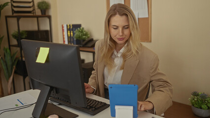 Woman working in an office interior, focused on a computer screen and holding a tablet with office...
