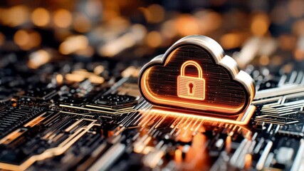 Cloud security concept with glowing lock symbol on digital circuit board, illustrating data protection and technological advancement in cybersecurity - Powered by Adobe
