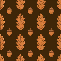 Autumn oak leaves and acorns seamless pattern. Fall isolated leaves on brown background. Square repeat pattern flat design for fall season.