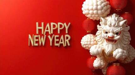 Vibrant New Year decoration featuring a lion figure, red lanterns, and a festive greeting, Ideal for invitations, social media posts, and promotional materials celebrating Asian New Year festivities,