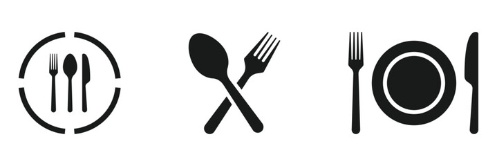 Fork and spoon icon. Silverware solid monochrome icon set. Dinner dish or plate with spoon and fork sign for apps and websites. Vector illustration, eps 10