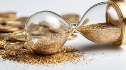 Hourglass with Golden Sand and Coins Symbolizing Time and Wealth on white background 
