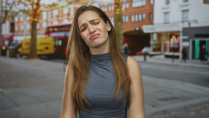 Young caucasian woman raises hands and closes eyes in street with red bus and brick building behind; frustration.