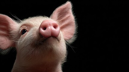 A close-up of a piglet, head tilted upwards, with pink snout and ears against a stark black backdrop