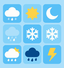 Obraz premium Weather Icons Collection: Sunny Days, Cloudy Nights, Snowflakes, and Stormy Skies