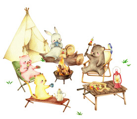 キャンプでバーベキューする動物たち　手描き色鉛筆画