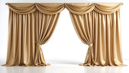 Elegant golden beige theater curtains with a swag valance, parted to reveal a white background. Realistic drapery mockup for interior design.