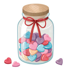 A whimsical glass jar filled with colorful, heart-shaped candies and a bow, suggesting a sweet gift.

