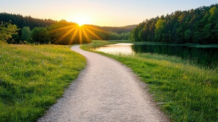 A scenic sunset path winds along a serene lakeshore, surrounded by lush greenery and wildflowers, Ideal for nature, relaxation, and wellness themes in promotional materials, blogs, or travel content,