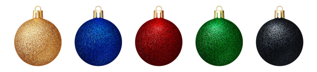 3d Realistic render of Christmas tree decoration. Set of Xmas colored Decor. Elegant gold, blue, red, green, black ball in shine glitter isolated in background. luxury ornament for Happy New Year