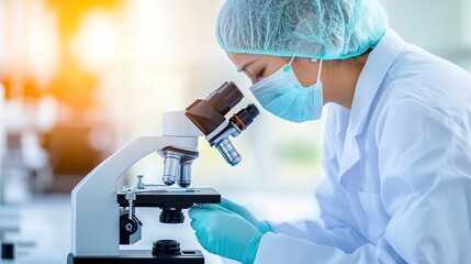 A focused female researcher in a lab coat inspects a sample under a microscope, embodying the essence of scientific inquiry, ideal for educational content, healthcare, or laboratory settings,