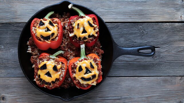 Halloween Stuffed Bell Peppers with Jack O' Lantern Faces in Skillet
