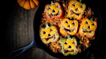 Preparing Halloween Jack-o-lantern Stuffed Bell Peppers in a Cast Iron Skillet
