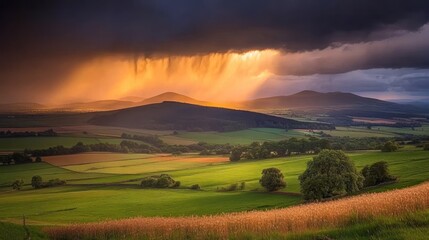 Fototapeta premium Dramatic scottish landscape featuring golden sun rays piercing through storm clouds over rolling