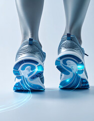 Close-up view of a person's feet in athletic running shoes with glowing blue accents, emphasizing movement and energy.