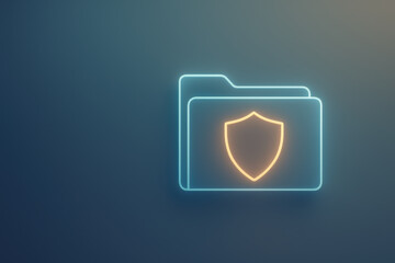 Neon folder icon with shield symbol represents cybersecurity and digital security for secure data and online privacy protection in modern technology concept