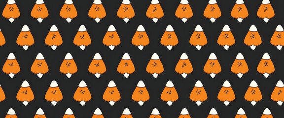 Minimalist illustrated candy corn pattern in vector style, repeated geometric arrangement, orange-black Halloween background