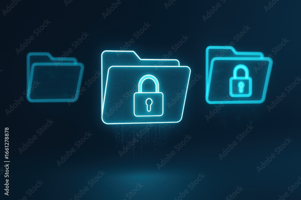 Poster cybersecurity data protection digital security online privacy secure data folder lock icon glowing b