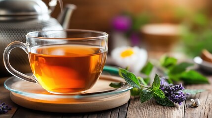 Warm herbal tea in a glass cup with fresh mint leaves and flowers on a wooden table in a cozy setting during afternoon light