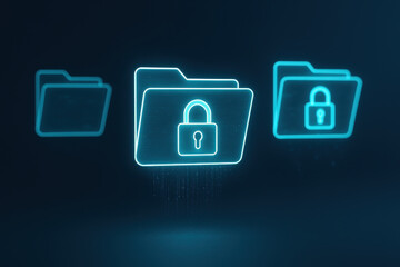 Cybersecurity data protection digital security online privacy secure data folder lock icon glowing blue light technology concept