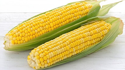 Freshly harvested corn on the cob, showcasing vibrant yellow kernels with green husks, Ideal for food-related projects, recipes, and agricultural themes, Perfect for promoting healthy eating,