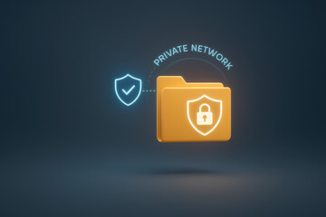 Cybersecurity concept with secure data folder and shield icon representing data protection and digital security for online privacy in private network environment